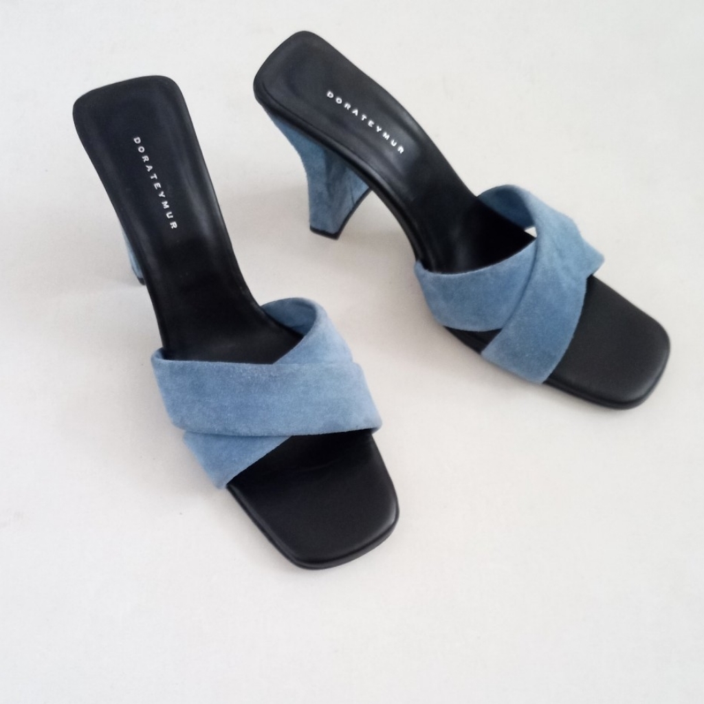 Dora Teymur Black And Blue Suede Open Toe Mule Heels
